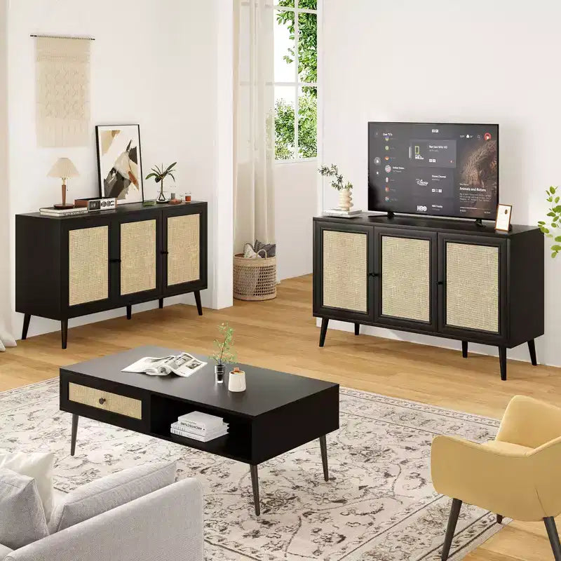 PexFix Buffet de Salle à Manger Meuble de Cuisine avec 3 Portes en Rotin et Étagères Réglables