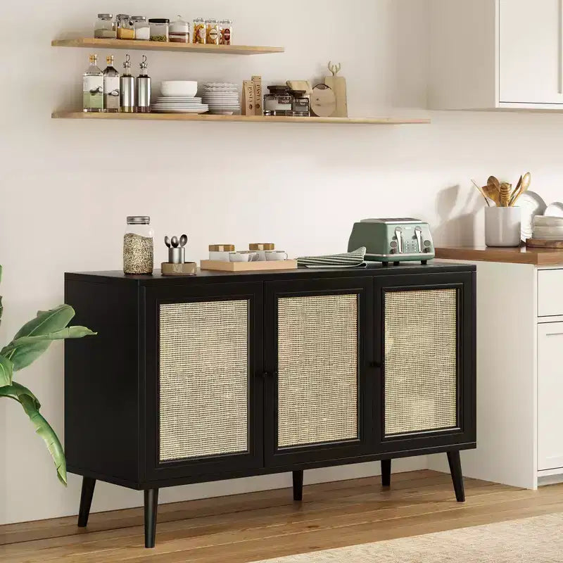 PexFix Buffet de Salle à Manger Meuble de Cuisine avec 3 Portes en Rotin et Étagères Réglables