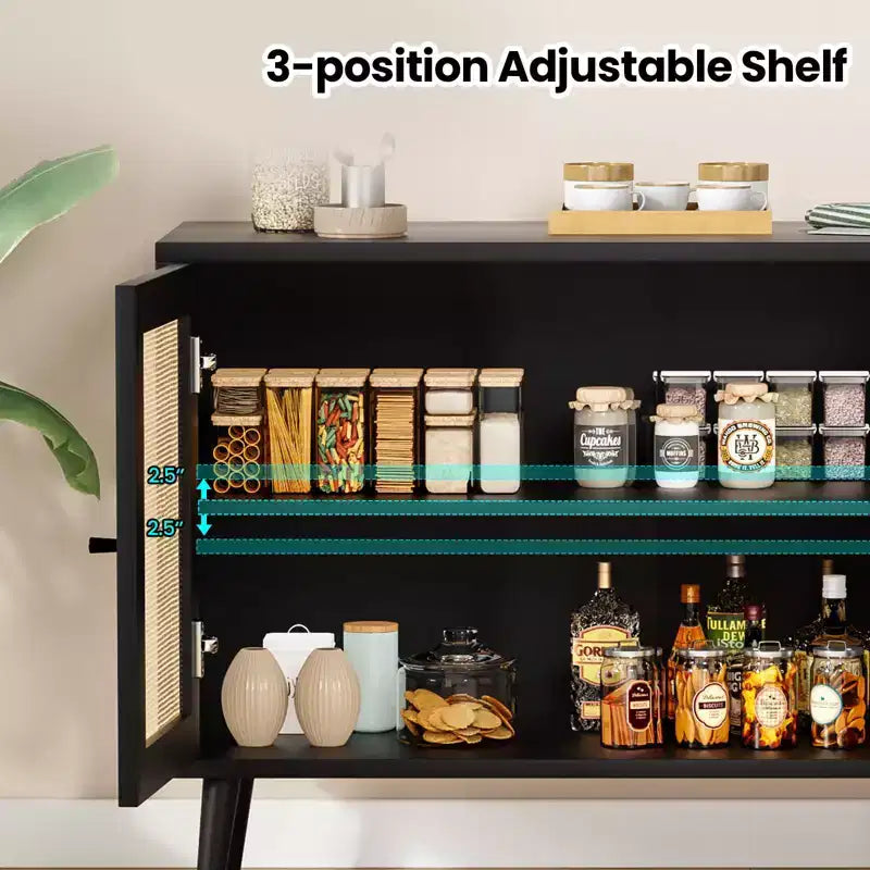PexFix Buffet de Salle à Manger Meuble de Cuisine avec 3 Portes en Rotin et Étagères Réglables