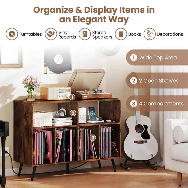 Meuble pour Platine Vinyle Costway avec Station de Recharge Étagères Ouvertes et Compartiments Pieds Surélevés Marron/Blanc