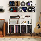 Meuble pour Platine Vinyle Costway avec Station de Recharge Étagères Ouvertes et Compartiments Pieds Surélevés Marron/Blanc
