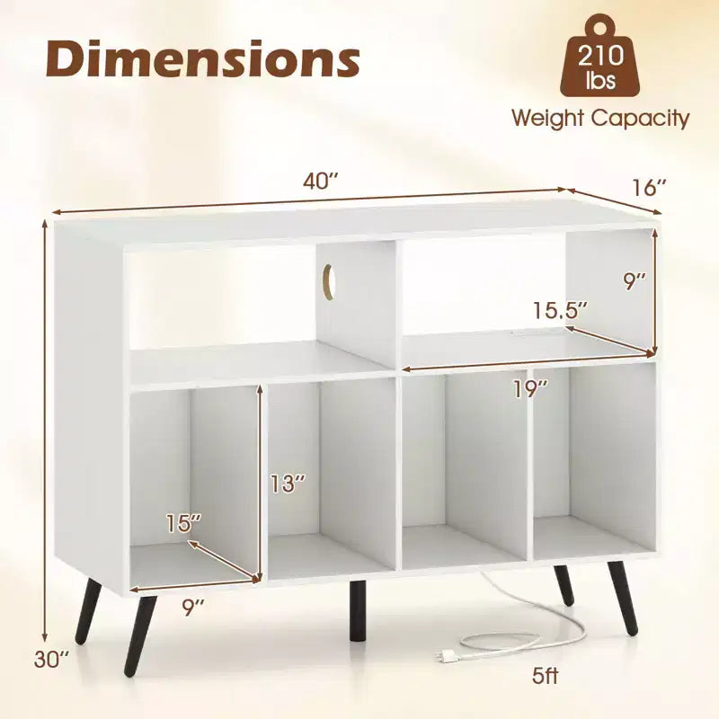 Meuble pour Platine Vinyle Costway avec Station de Recharge Étagères Ouvertes et Compartiments Pieds Surélevés Marron/Blanc