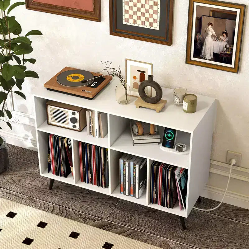 Meuble pour Platine Vinyle Costway avec Station de Recharge Étagères Ouvertes et Compartiments Pieds Surélevés Marron/Blanc