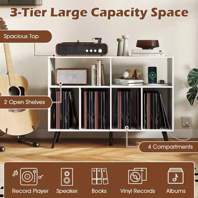 Meuble pour Platine Vinyle Costway avec Station de Recharge Étagères Ouvertes et Compartiments Pieds Surélevés Marron/Blanc