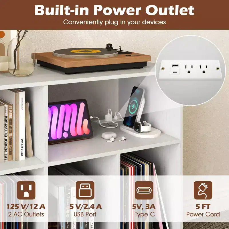 Meuble pour Platine Vinyle Costway avec Station de Recharge Étagères Ouvertes et Compartiments Pieds Surélevés Marron/Blanc