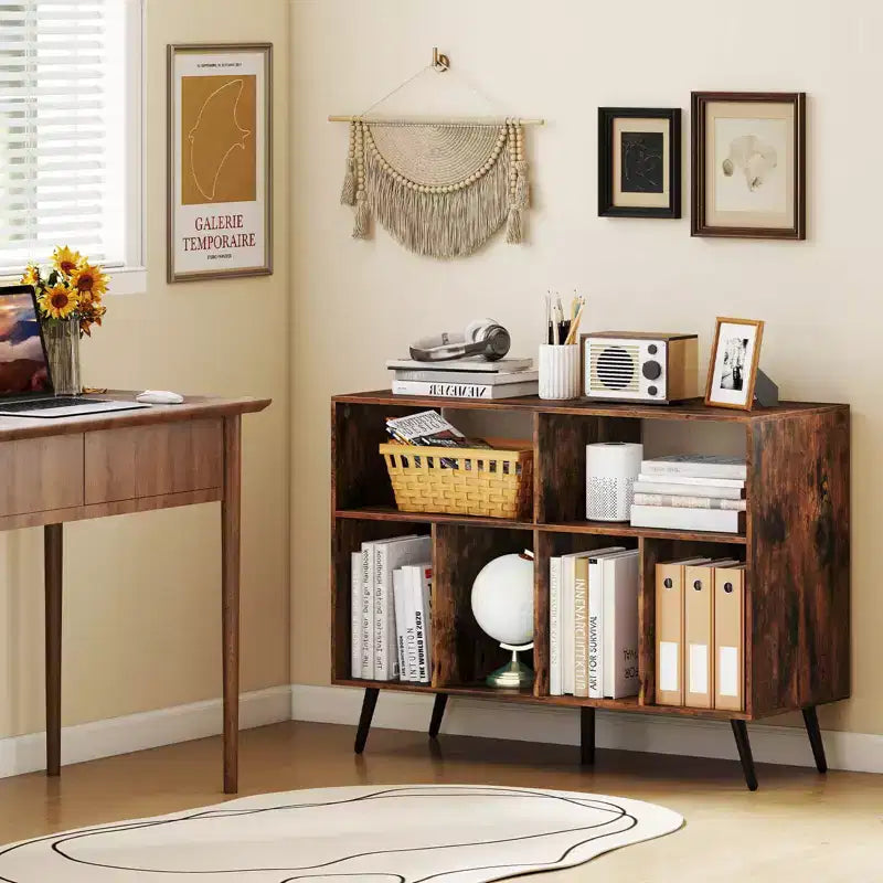 Meuble pour Platine Vinyle Costway avec Station de Recharge Étagères Ouvertes et Compartiments Pieds Surélevés Marron/Blanc