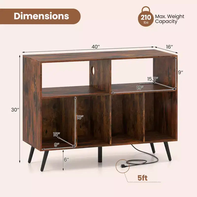 Meuble pour Platine Vinyle Costway avec Station de Recharge Étagères Ouvertes et Compartiments Pieds Surélevés Marron/Blanc