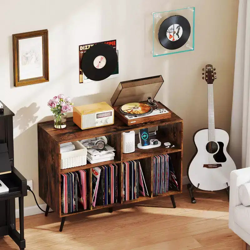 Meuble pour Platine Vinyle Costway avec Station de Recharge Étagères Ouvertes et Compartiments Pieds Surélevés Marron/Blanc