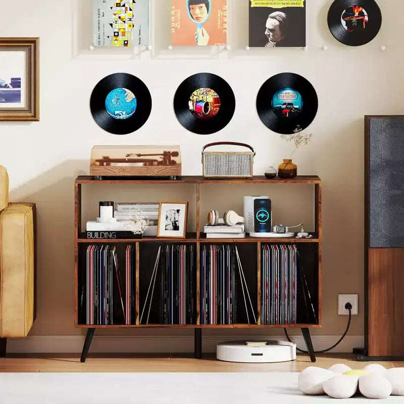 Meuble pour Platine Vinyle Costway avec Station de Recharge Étagères Ouvertes et Compartiments Pieds Surélevés Marron/Blanc