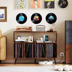 Meuble pour Platine Vinyle Costway avec Station de Recharge Étagères Ouvertes et Compartiments Pieds Surélevés Marron/Blanc