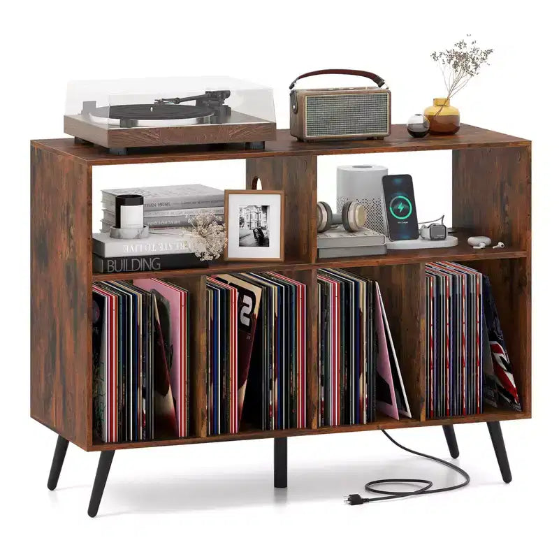 Meuble pour Platine Vinyle Costway avec Station de Recharge Étagères Ouvertes et Compartiments Pieds Surélevés Marron/Blanc