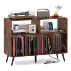 Meuble pour Platine Vinyle Costway avec Station de Recharge Étagères Ouvertes et Compartiments Pieds Surélevés Marron/Blanc