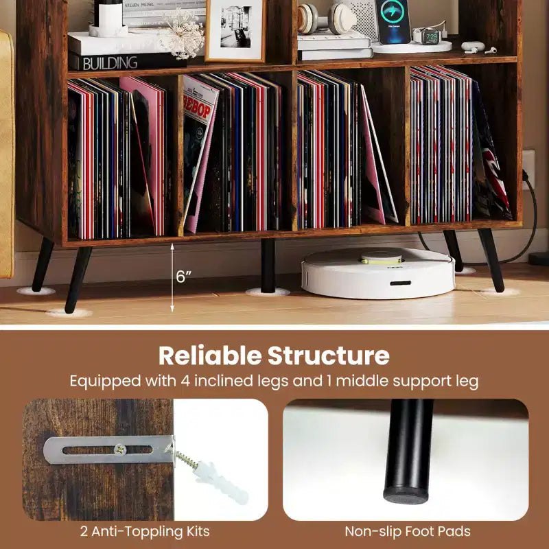 Meuble pour Platine Vinyle Costway avec Station de Recharge Étagères Ouvertes et Compartiments Pieds Surélevés Marron/Blanc