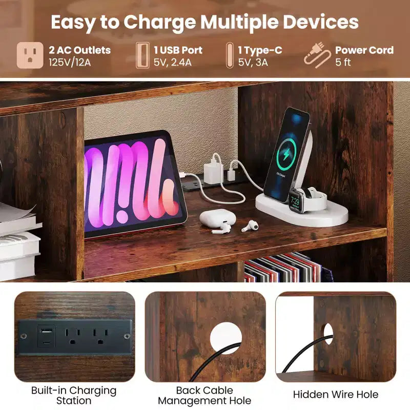 Meuble pour Platine Vinyle Costway avec Station de Recharge Étagères Ouvertes et Compartiments Pieds Surélevés Marron/Blanc