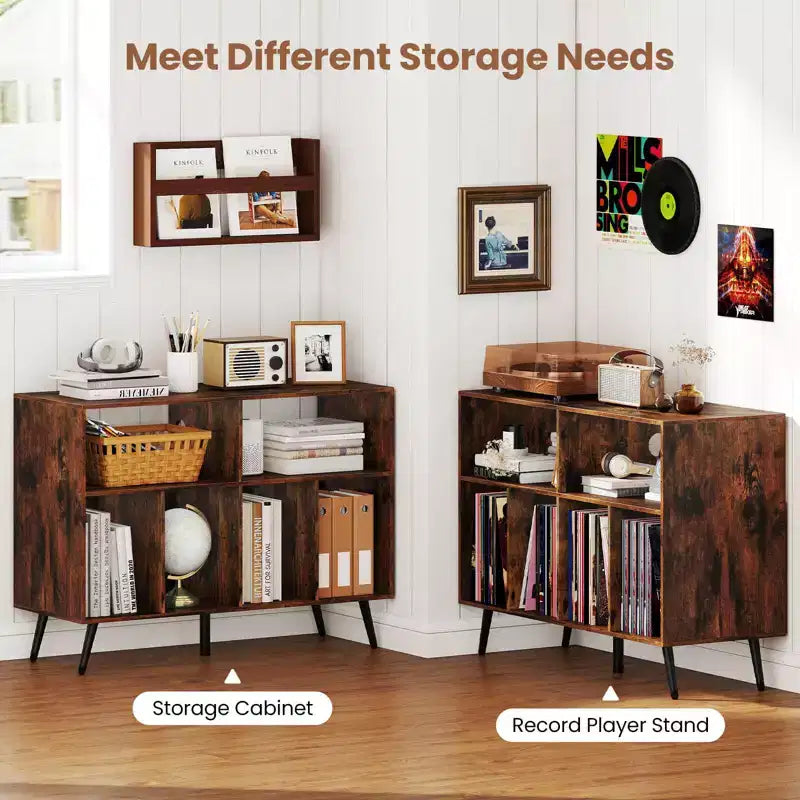 Meuble pour Platine Vinyle Costway avec Station de Recharge Étagères Ouvertes et Compartiments Pieds Surélevés Marron/Blanc