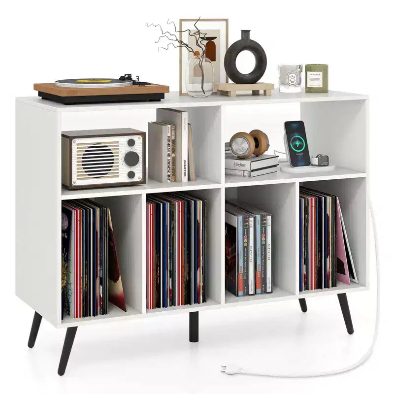 Meuble pour Platine Vinyle Costway avec Station de Recharge Étagères Ouvertes et Compartiments Pieds Surélevés Marron/Blanc