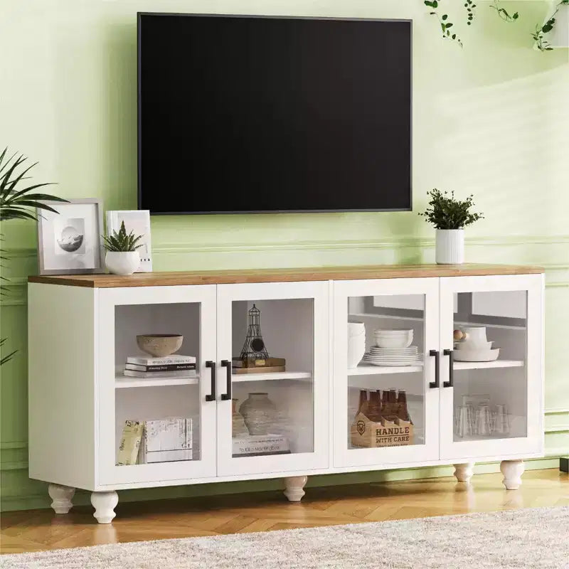 Meuble TV de ferme CLIHOME avec portes en verre trempé pour téléviseurs jusqu'à 70 pouces, buffet polyvalent avec étagères réglables