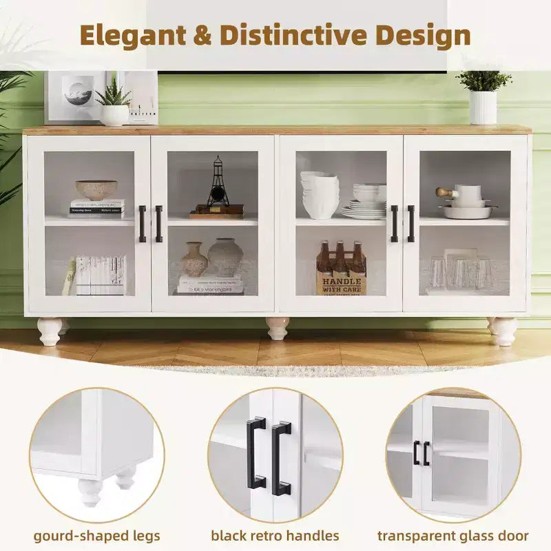 Meuble TV de ferme CLIHOME avec portes en verre trempé pour téléviseurs jusqu'à 70 pouces, buffet polyvalent avec étagères réglables