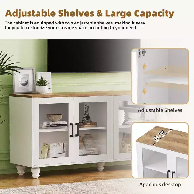 Meuble TV de ferme CLIHOME avec portes en verre trempé pour téléviseurs jusqu'à 70 pouces, buffet polyvalent avec étagères réglables
