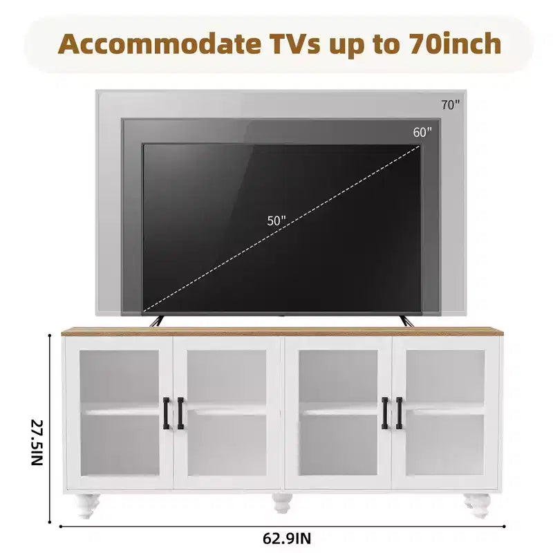 Meuble TV de ferme CLIHOME avec portes en verre trempé pour téléviseurs jusqu'à 70 pouces, buffet polyvalent avec étagères réglables