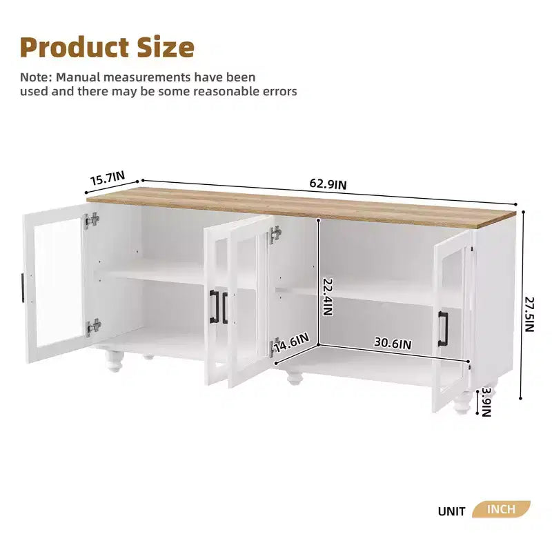 Meuble TV de ferme CLIHOME avec portes en verre trempé pour téléviseurs jusqu'à 70 pouces, buffet polyvalent avec étagères réglables