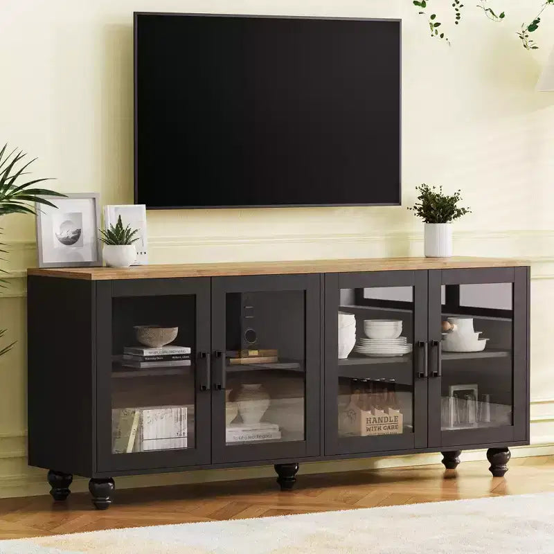 Meuble TV de ferme CLIHOME avec portes en verre trempé pour téléviseurs jusqu'à 70 pouces, buffet polyvalent avec étagères réglables