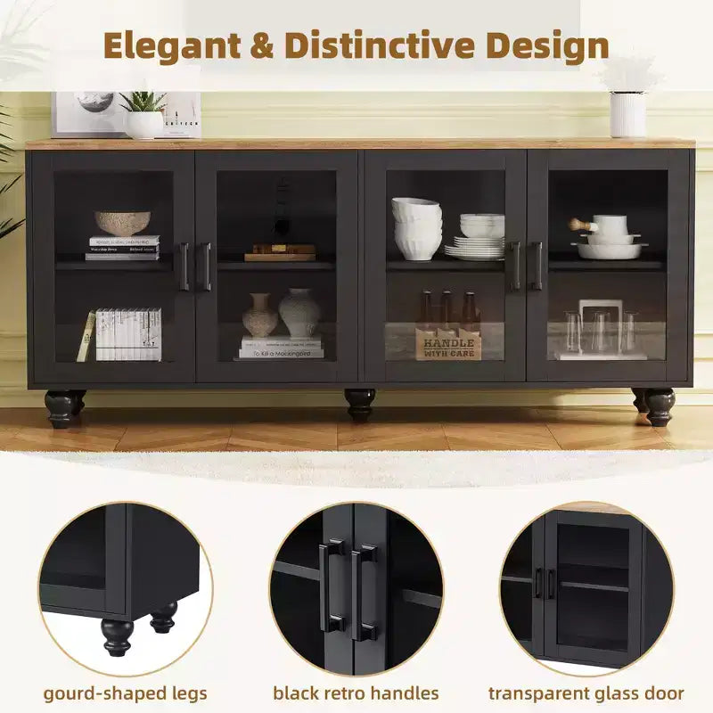 Meuble TV de ferme CLIHOME avec portes en verre trempé pour téléviseurs jusqu'à 70 pouces, buffet polyvalent avec étagères réglables