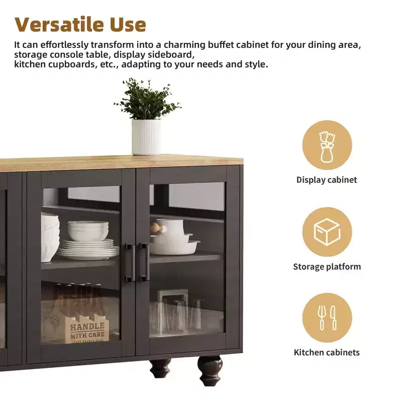 Meuble TV de ferme CLIHOME avec portes en verre trempé pour téléviseurs jusqu'à 70 pouces, buffet polyvalent avec étagères réglables