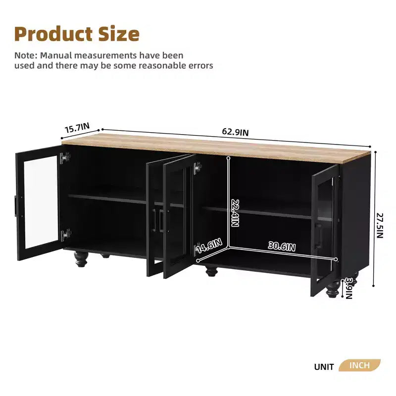 Meuble TV de ferme CLIHOME avec portes en verre trempé pour téléviseurs jusqu'à 70 pouces, buffet polyvalent avec étagères réglables