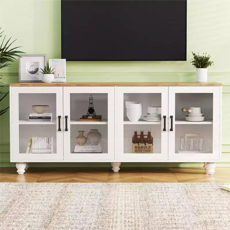 Meuble TV de ferme CLIHOME avec portes en verre trempé pour téléviseurs jusqu'à 70 pouces, buffet polyvalent avec étagères réglables