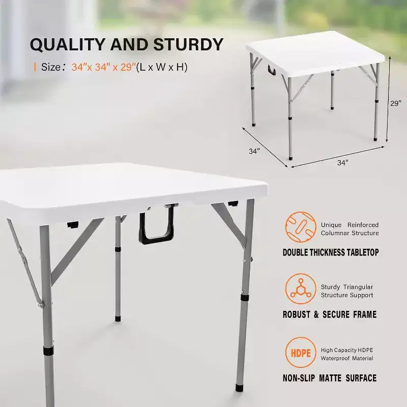 VINGLI Table carrée pliante en deux de 34 pouces, table commerciale pliante, table de jeu portable en plastique pour cuisine ou événement extérieur, blanche