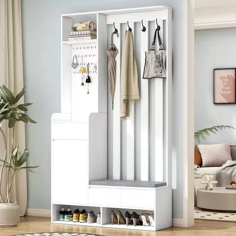 Meuble d'entrée contemporain CLIHOME avec banc de rangement rembourré, meuble à chaussures multifonctionnel pour couloir avec panneau perforé et 4 crochets