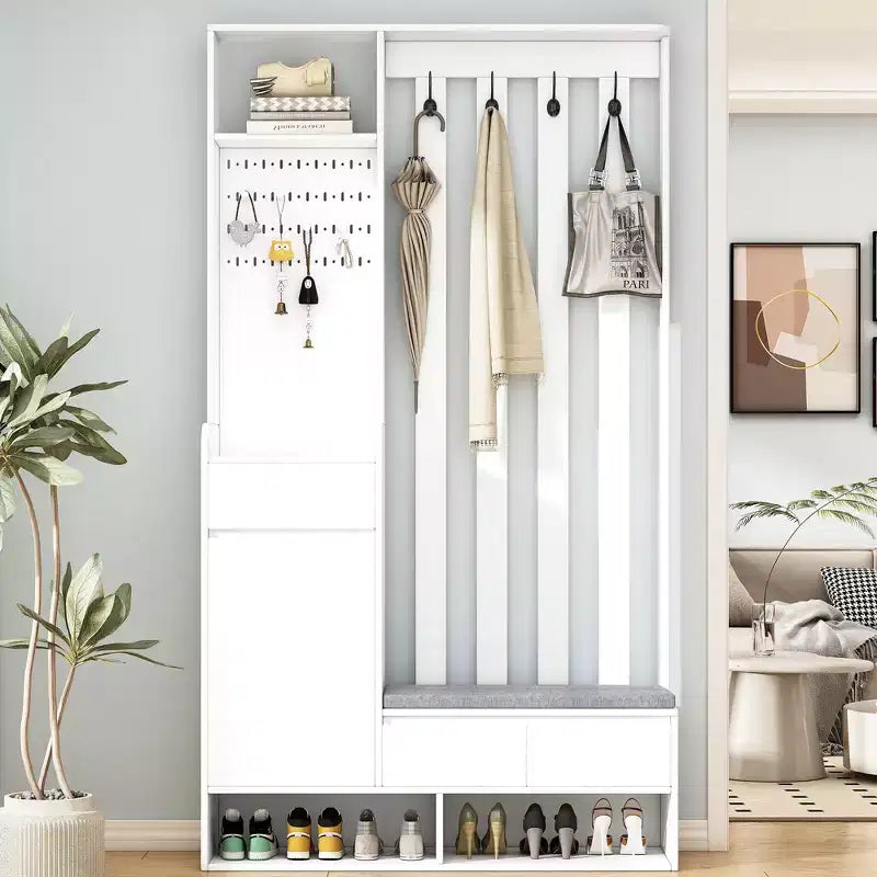 Meuble d'entrée contemporain CLIHOME avec banc de rangement rembourré, meuble à chaussures multifonctionnel pour couloir avec panneau perforé et 4 crochets
