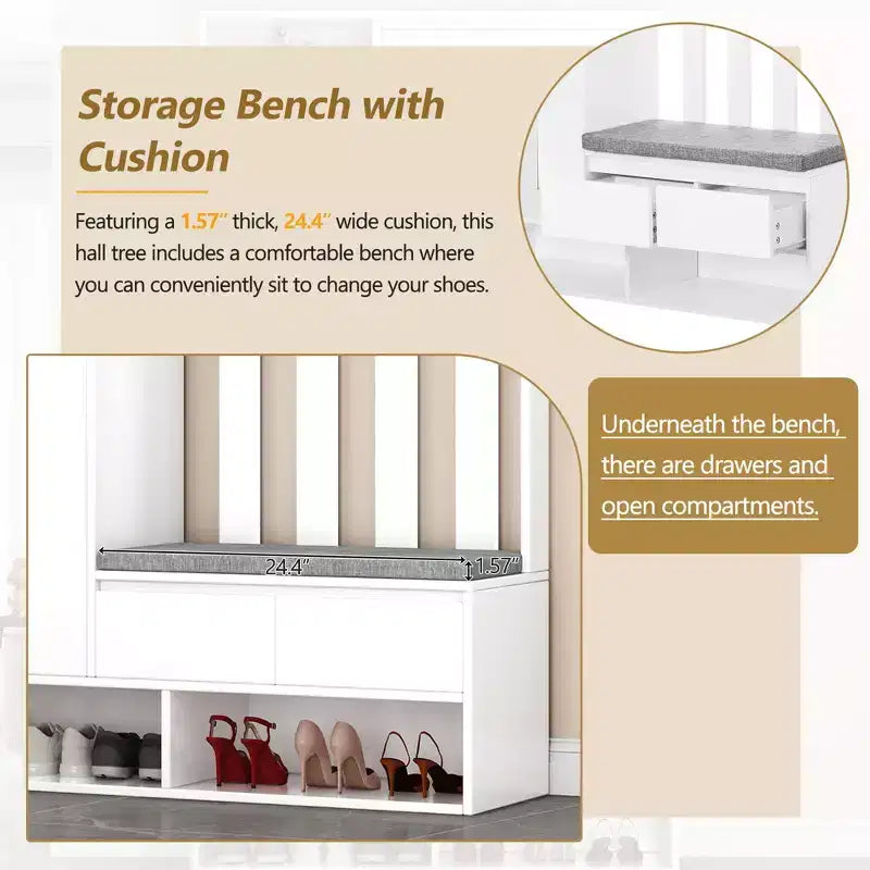 Meuble d'entrée contemporain CLIHOME avec banc de rangement rembourré, meuble à chaussures multifonctionnel pour couloir avec panneau perforé et 4 crochets