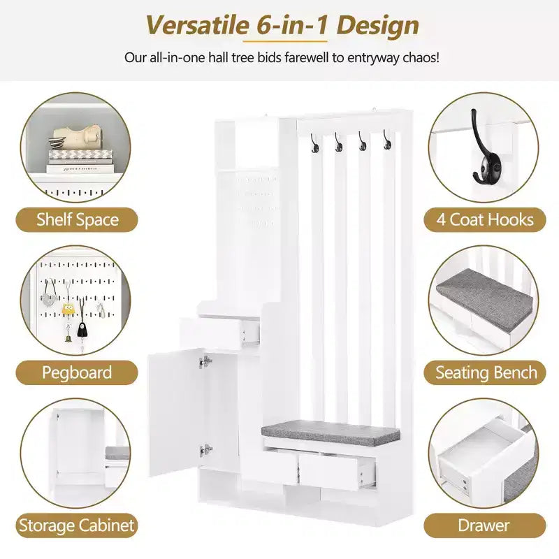 Meuble d'entrée contemporain CLIHOME avec banc de rangement rembourré, meuble à chaussures multifonctionnel pour couloir avec panneau perforé et 4 crochets