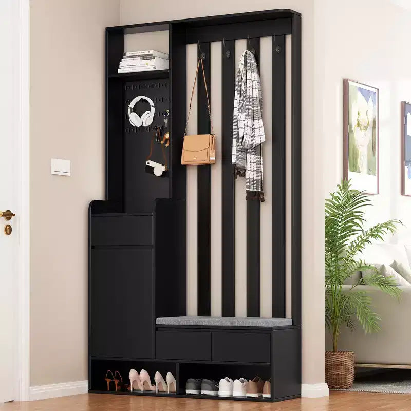 Meuble d'entrée contemporain CLIHOME avec banc de rangement rembourré, meuble à chaussures multifonctionnel pour couloir avec panneau perforé et 4 crochets
