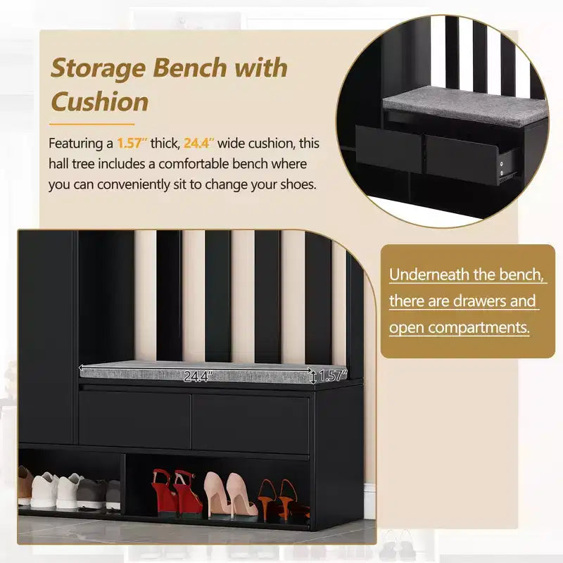 Meuble d'entrée contemporain CLIHOME avec banc de rangement rembourré, meuble à chaussures multifonctionnel pour couloir avec panneau perforé et 4 crochets