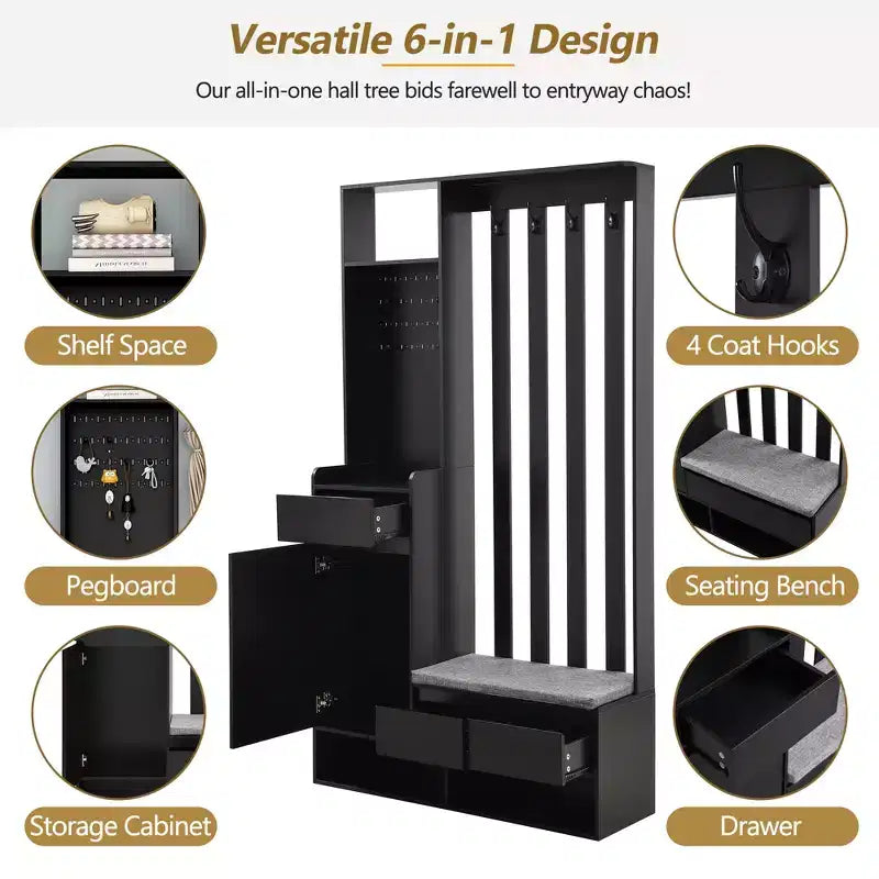 Meuble d'entrée contemporain CLIHOME avec banc de rangement rembourré, meuble à chaussures multifonctionnel pour couloir avec panneau perforé et 4 crochets