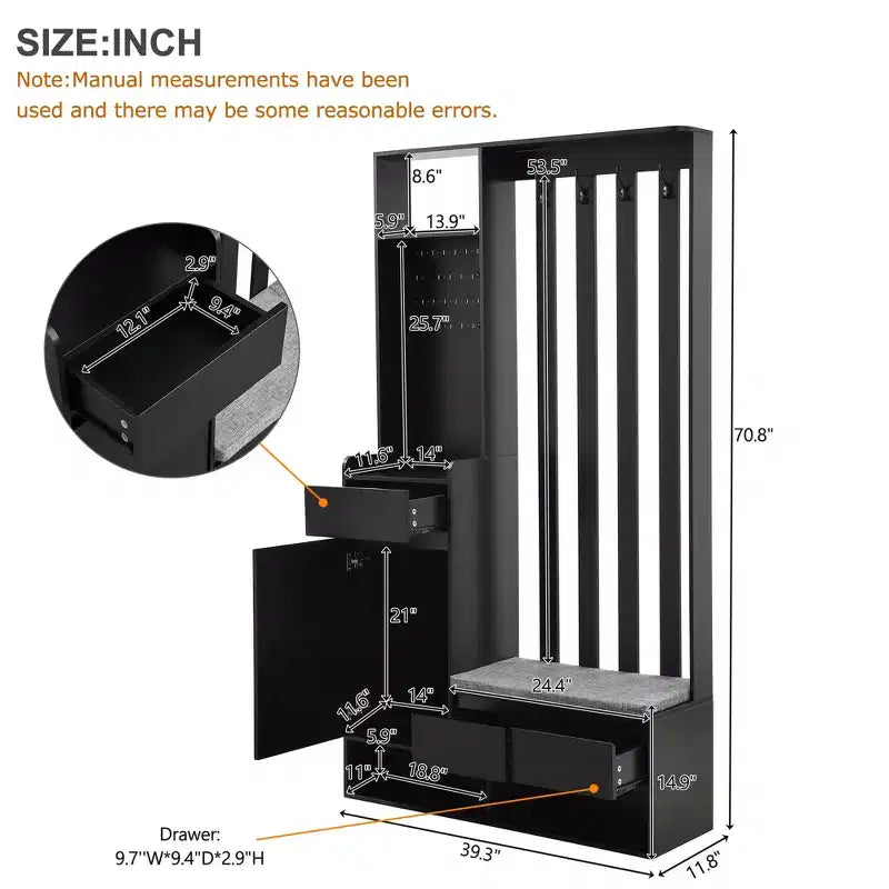 Meuble d'entrée contemporain CLIHOME avec banc de rangement rembourré, meuble à chaussures multifonctionnel pour couloir avec panneau perforé et 4 crochets