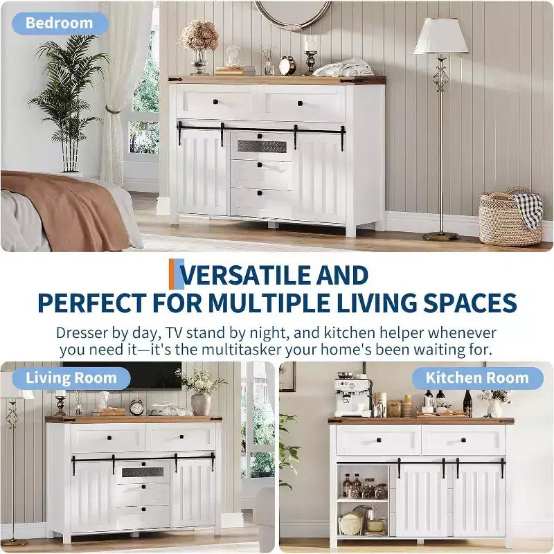 Bahut de style ferme, avec 5 tiroirs et portes coulissantes de grange, table basse en bois avec étagère réglable pour salon, salle à manger