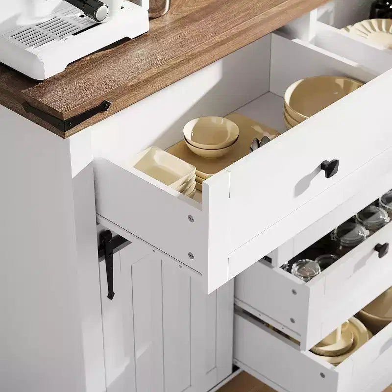 Bahut de style ferme, avec 5 tiroirs et portes coulissantes de grange, table basse en bois avec étagère réglable pour salon, salle à manger