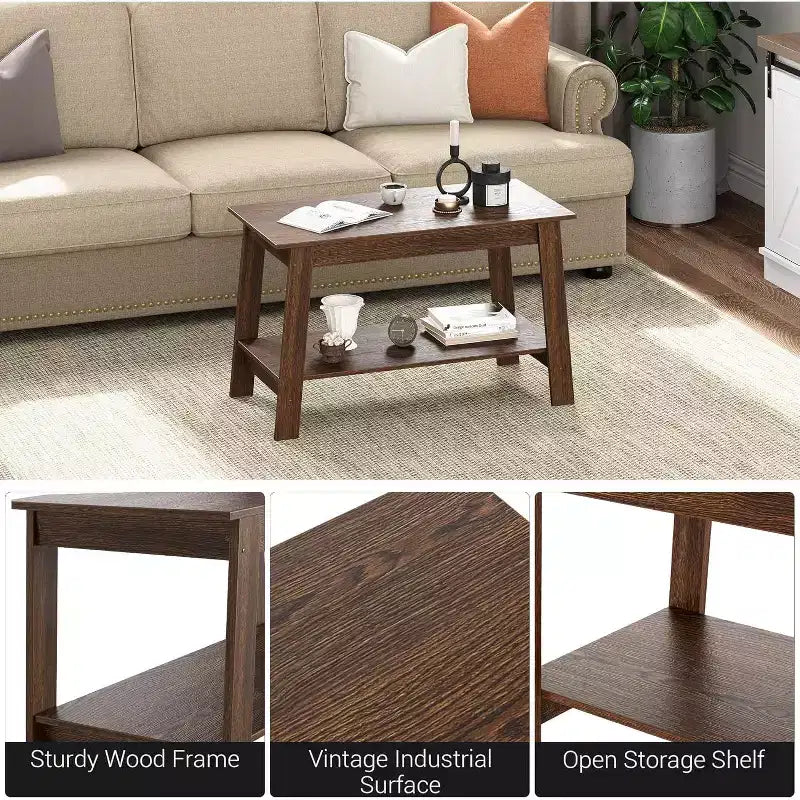 Table basse CuisinSmart en bois style ferme, avec 2 étagères de rangement pour petits espaces, table basse moderne