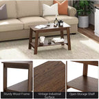 Table basse CuisinSmart en bois style ferme, avec 2 étagères de rangement pour petits espaces, table basse moderne