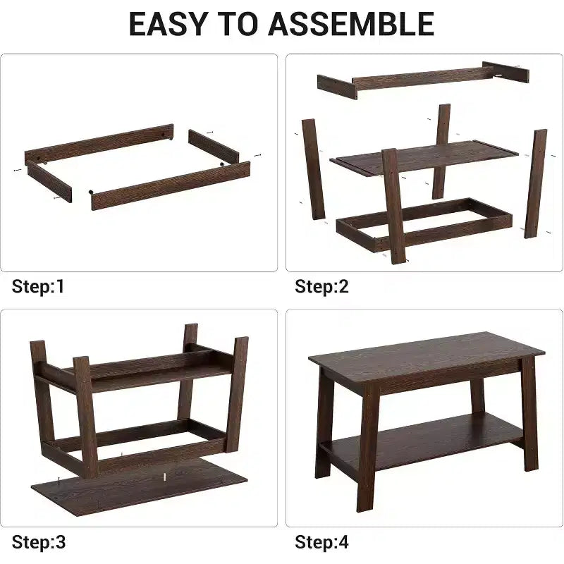 Table basse CuisinSmart en bois style ferme, avec 2 étagères de rangement pour petits espaces, table basse moderne