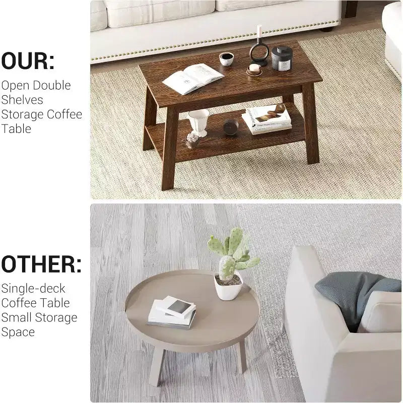 Table basse CuisinSmart en bois style ferme, avec 2 étagères de rangement pour petits espaces, table basse moderne
