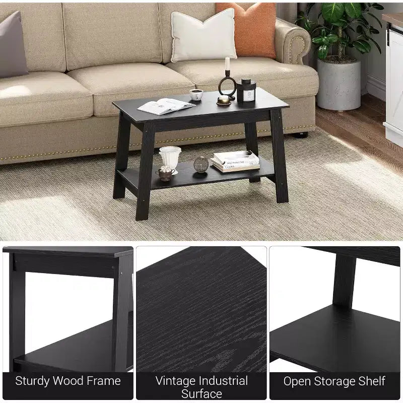 Table basse CuisinSmart en bois style ferme, avec 2 étagères de rangement pour petits espaces, table basse moderne