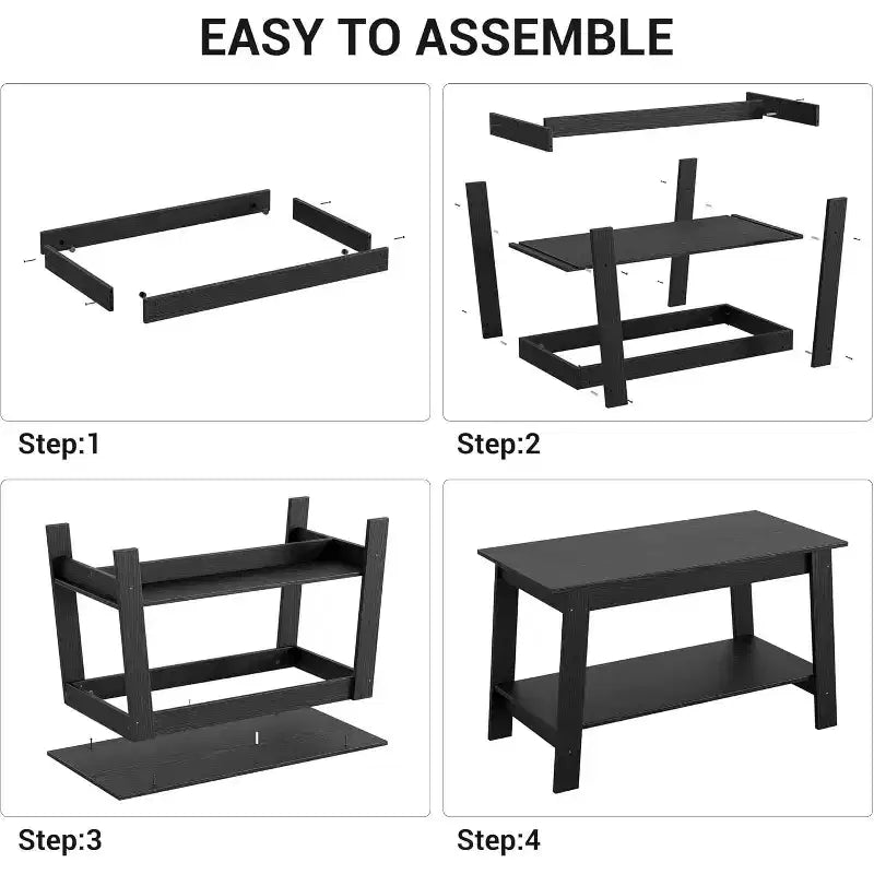 Table basse CuisinSmart en bois style ferme, avec 2 étagères de rangement pour petits espaces, table basse moderne