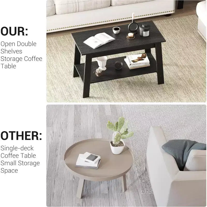 Table basse CuisinSmart en bois style ferme, avec 2 étagères de rangement pour petits espaces, table basse moderne