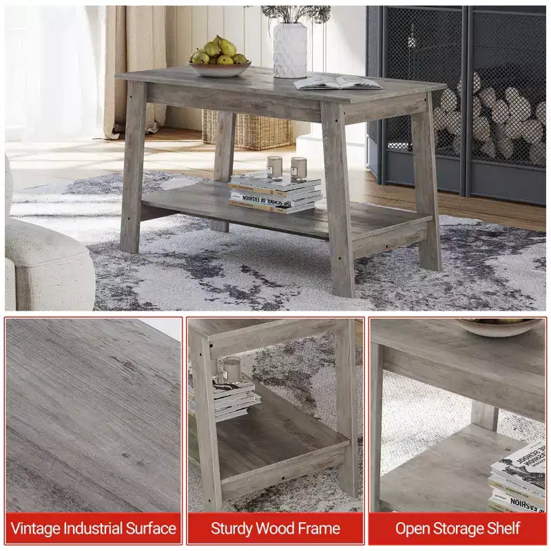 Table basse CuisinSmart en bois style ferme, avec 2 étagères de rangement pour petits espaces, table basse moderne