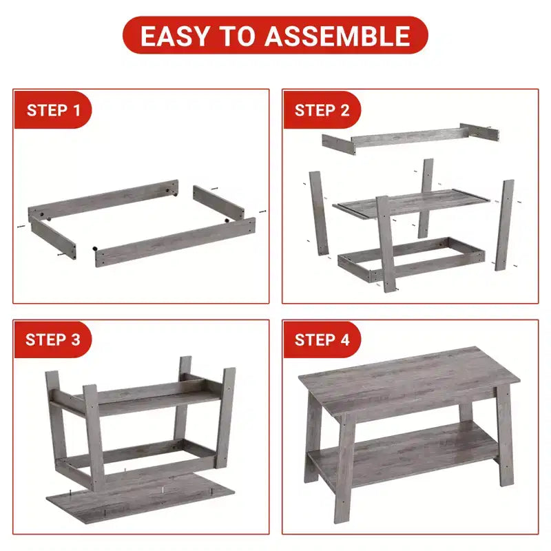 Table basse CuisinSmart en bois style ferme, avec 2 étagères de rangement pour petits espaces, table basse moderne